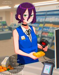  1girl armpit_crease black_choker black_ribbon blue_vest chainsaw_man choker employee_uniform exhausted green_eyes hair_between_eyes hair_bun half-closed_eyes highres holding looking_at_viewer patreon_username purple_hair reze_(chainsaw_man) ribbon sasha_mio shirt sleeveless solo vest white_shirt 