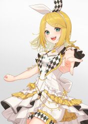  1girl absurdres aiguillette alternate_costume blonde_hair bow breasts checkered_bow checkered_clothes commentary dress frilled_dress frilled_sleeves frills green_eyes grey_background hair_bow hair_ornament hairclip highres kagamine_rin looking_at_viewer more_more_jump!_rin open_mouth parallel_hairclips pointing pointing_at_viewer project_sekai rea_liser short_hair shorts shorts_under_dress simple_background small_breasts sparkle_hair_ornament teeth two-tone_bow upper_teeth_only vocaloid white_dress white_shorts yellow_nails 