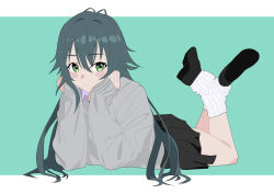  1girl absurdres black_shoes black_skirt blush closed_mouth commentary_request feet_up gakuen_idolmaster green_background green_eyes green_hair grey_sweater head_on_hands head_rest highres idolmaster leg_warmers letterboxed long_hair looking_at_viewer lying on_stomach outside_border pleated_skirt school_uniform shoes simple_background skirt solo sweater tsukimura_temari umayer white_leg_warmers 