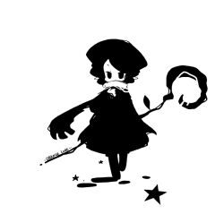  1boy arm_behind_back artist_name beret blending commentary covered_mouth crossdressing crossdressing_(mtf) dress full_body greyscale hand_up hat holding holding_staff leaf looking_at_viewer male_focus monochrome orange_lore original pointy_ears safa_clod_(orange_lore) scarf scarf_over_mouth short_hair simple_background solo staff standing star_(symbol) trap walking walking_towards_viewer white_background 