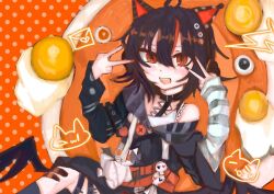  1girl ahoge animal_ear_headphones animal_ears arm_belt asymmetrical_sleeves bandaid bandaid_on_leg bare_shoulders bat_wings belt belt_collar black_choker black_hair black_nails black_sweater cat_ear_headphones cat_ears choker collar cross-laced_clothes cross-laced_dress double_v eyeball_hair_ornament fake_animal_ears headphones ikaika_mon leg_belt long_sleeves looking_at_viewer mahou_shoujo_no_majo_saiban multicolored_hair nail_polish off-shoulder_sweater off_shoulder orange_background orange_eyes orange_nails orange_streaks sawatari_coco shirt short_hair single_bare_shoulder skull solo streaked_hair striped_sleeves stuffed_animal stuffed_cat stuffed_toy sweater upper_body v white_shirt wings 