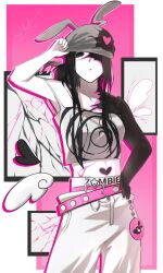  1girl alien_stage angel_wings black_hair camisole cowboy_shot crop_top grey_camisole grey_hat hand_on_headwear hand_on_own_hip hat highres iwanamwa54 official_alternate_costume panties pants panty_peek pink_panties single_wing solo spiral_print sua_(alien_stage) sua_(zombie_stage) underwear white_pants wings zombie_stage 