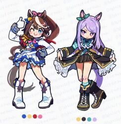  2girls animal_ears aqua_bow aqua_socks ascot asymmetrical_gloves black_boots black_jacket black_skirt blue_eyes blue_gloves blush boots bow bowtie brown_hair buttons cape closed_mouth coat commentary_request curtsey double-breasted ear_bow ear_ribbon epaulettes frilled_coat frilled_jacket frills gloves hair_between_eyes horse_ears horse_girl horse_tail jacket knee_boots long_hair long_sleeves looking_at_viewer mejiro_mcqueen_(frontline_elegance)_(umamusume) mejiro_mcqueen_(umamusume) mismatched_gloves multicolored_hair multicolored_jacket multiple_girls one_eye_closed pink_ascot pleated_skirt ponytail purple_hair red_cape shirt single_epaulette single_hair_streak skirt smile socks streaked_hair striped_clothes striped_shirt tail takuan_(taku1219oekaki) thumbs_up tokai_teio_(peak_joy)_(umamusume) tokai_teio_(umamusume) twitter_username two-tone_hair two-tone_jacket two-tone_skirt umamusume violet_eyes white_boots white_gloves white_hair white_jacket white_skirt white_streaks 