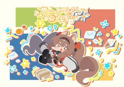  1girl :d angelina_(arknights) angelina_the_mellow_wish_(arknights) animal_ear_fluff animal_ears arknights black_boots black_collar black_hairband boots box brown_eyes brown_hair cardboard_box chibi chibi_only collar detached_sleeves dress english_text food fox_ears fox_girl fruit full_body hair_between_eyes hairband highres ice_cream_cone infection_monitor_(arknights) letter long_hair long_sleeves looking_at_viewer multicolored_hairband orange_(fruit) shayu_haitan smile solo twintails two-tone_hairband white_dress 