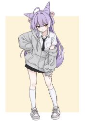  1girl :t absurdres ahoge angry black_necktie black_skirt blue_eyes border breast_pocket brown_eyes closed_mouth collared_shirt commentary_request cone_hair_bun double_bun drawstring full_body grey_jacket grey_shoes hair_bun hair_intakes hair_ornament hand_on_own_thigh heterochromia highres hood hood_down hooded_jacket jacket kneehighs korean_commentary long_sleeves looking_at_viewer miniskirt multicolored_hair necktie outside_border partially_unzipped pleated_skirt pocket pom_pom_(clothes) pom_pom_hair_ornament pout school_uniform seohyong shirt shoes short_sleeves simple_background single_off_shoulder skirt sleeves_past_fingers sleeves_past_wrists sneakers socks solo stellive streaked_hair tenko_shibuki v-shaped_eyebrows virtual_youtuber white_border white_shirt white_socks white_streaks yellow_background 