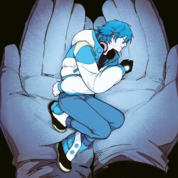  2boys arm_up black_gloves black_shirt blue_hair blue_jacket blue_pants boots clear_(dramatical_murder) closed_eyes clothing_cutout coffee_jocs commentary_request denim dramatical_murder glove_cutout gloves headphones headphones_around_neck holding holding_mini_person hood hooded_jacket jacket jeans long_sleeves lying male_focus mini_person miniboy multicolored_jacket multiple_boys on_side out_of_frame pants parted_bangs parted_lips pov pov_hands profile seragaki_aoba shirt sweat white_gloves white_jacket 