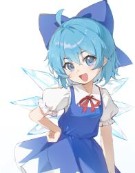  1girl ahoge blue_bow blue_dress blue_eyes blue_hair bow cirno collared_shirt commentary detached_wings dress hair_bow hand_on_own_hip highres ice ice_wings looking_at_viewer medium_hair neck_ribbon open_mouth pinafore_dress puffy_short_sleeves puffy_sleeves red_ribbon ribbon shirt short_sleeves simple_background siyumu sleeveless sleeveless_dress smile solo touhou white_background white_shirt wings 