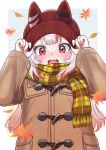  1girl @-you_(you_2023_8_16) adjusting_clothes adjusting_headwear alternate_costume autumn autumn_leaves beanie blush border brown_coat coat duffel_coat fake_horns gradient_hair grey_background hat highres hololive horned_headwear horns long_hair long_sleeves looking_at_viewer multicolored_hair nakiri_ayame oni oni_horns open_mouth plaid plaid_scarf red_eyes red_headwear redhead scarf smile solo streaked_hair teeth upper_body upper_teeth_only virtual_youtuber white_border white_hair yellow_scarf 