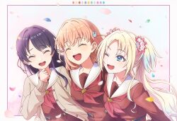  3girls 6th_live_dream_~bloom_garden_party~ :d ;d ^_^ absurdres blonde_hair blue_eyes blue_hair brown_cardigan brown_dress cardigan closed_eyes commentary crossed_bangs curtained_hair dress fang flower gradient_hair hair_flower hair_ornament hasu_no_sanrenka hasu_no_sora_school_uniform highres hinoshita_kaho long_hair long_sleeves love_live! love_live!_hasu_no_sora_jogakuin_school_idol_club medium_hair mole mole_on_neck multicolored_hair multiple_girls murano_sayaka neckerchief one_eye_closed open_cardigan open_clothes open_mouth orange_hair osawa_rurino parted_bangs pink_background pink_flower rabbit_hair_ornament raised_inner_eyebrows red_neckerchief sailor_collar sailor_dress school_uniform smile teeth textless_version two_side_up untranslatable_commentary upper_body upper_teeth_only virtual_youtuber white_sailor_collar winter_uniform yumechiku 