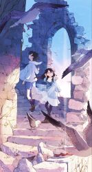  1boy 1girl abandoned ascending beach bird black_hair blue_eyes blue_sky blue_theme building check_commentary clouds column commentary_request dilapidated flying highres hinata_(echoloveloli) jacket looking_back matching_outfits original outdoors overgrown pantyhose pillar rubble ruins scenery seabird seagull shorts sky stairs wind wind_lift 