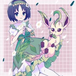  1girl black_hair bob_cut closed_mouth commentary_request dress erika_(pokemon) erika_(sygna_suit)_(pokemon) flower green_dress green_eyes green_hairband grid_background hair_flower hair_ornament hairband highres leafeon looking_at_viewer mkrn_grtn official_alternate_costume pokemon pokemon_(creature) pokemon_masters_ex puffy_short_sleeves puffy_sleeves short_hair short_sleeves smile steepled_fingers 