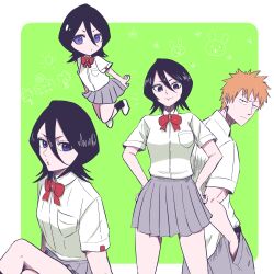  1boy 1girl :3 back-to-back bleach border bow bowtie chibi chibi_inset closed_mouth collared_shirt commentary_request cowboy_shot crossed_legs downturned_eyes dress_shirt eyelashes frown full_body green_background grey_pants grey_skirt hand_in_pocket ikuno_taso jitome karakura_high_school_uniform kuchiki_rukia kurosaki_ichigo looking_at_viewer medium_hair miniskirt multiple_views nose orange_hair outside_border pants parted_lips pleated_skirt red_bow red_bowtie school_uniform shirt short_hair short_sleeves simple_background sitting skirt smile smug spiky_hair split_mouth standing v-shaped_eyebrows violet_eyes white_border white_shirt 