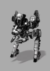  1girl bent_over commentary_request externally_piloted_mecha full_body grey_background hair_ornament highres jun_(navigavi) looking_to_the_side mecha medium_hair monochrome non-humanoid_robot open_mouth original ponytail robot shaded_face shadow shorts sidelocks solo walker_(robot) 