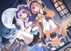  2girls alphive_ddcxj balcony bat_(animal) blue_eyes commentary_request fake_tail full_moon genjitsu_no_yohane hat long_sleeves love_live! love_live!_sunshine!! moon multiple_girls night nightwicked_chika nightwicked_you orange_hair pirate_hat sitting tail tongue tongue_out violet_eyes window 