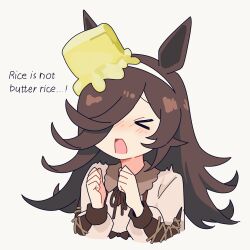  >_< 1girl absurdres animal_ears brown_dress brown_hair butter commentary d: dress dx english_commentary english_text food food_on_head hair_over_one_eye hairband highres horse_ears horse_girl long_hair long_sleeves myticalcat neck_ribbon object_on_head ribbon rice_shower_(casual)_(umamusume) rice_shower_(umamusume) solo umamusume white_hairband 