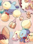  animal_focus blue_skin bow bowtie colored_skin commentary_request cup doughnut food hanabusaoekaki highres jumpluff no_humans open_mouth pokemon pokemon_(creature) rare_candy red_bow red_bowtie red_eyes solid_oval_eyes sweets tea teacup teapot upside-down 