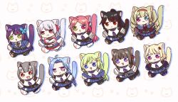  6+girls :< :3 :d ahoge animal_background animal_ears animal_hands aqua_eyes assault_lily belt black_boots black_hair black_horns black_necktie black_pantyhose blonde_hair blue_capelet blue_eyes blue_hair blue_jacket blue_sailor_collar blue_skirt boots braid braided_ponytail brown_hair butterfly_hair_ornament capelet cat_background cat_ears cat_girl cat_paws cat_tail chibi chibi_only closed_mouth commentary detached_sleeves drill_hair drill_sidelocks flower flower_knot fujita_asagao full_body funada_kiito funada_ui gem gem_hair_ornament green_eyes green_hair grey_hair hair_flower hair_ornament hairband hairclip heterochromia high_ponytail highres horns igusa_subaru imamura_yukari_(assault_lily) jacket japanese_clothes jitome kawabata_hotaru kemonomimi_mode kimono kimono_skirt komai_sumire kozue_west layered_sleeves long_hair long_sleeves looking_at_viewer miniskirt multicolored_horns multiple_girls nagasawa_yuki_(assault_lily) neckerchief necktie nigari_(ngari_0115) obi obijime odaiba_girls_high_school_uniform off_shoulder open_clothes open_jacket open_mouth pantyhose parallel_hairclips parted_bangs paw_shoes pink_background pink_belt pink_eyes ponytail purple_hair purple_neckerchief red_eyes red_gem red_hair red_hairband red_horns red_ribbon ribbon sailor_collar sash school_uniform serafuku shiba_tomoshibi shirt short_hair siblings side_braid sidelocks single_braid sisters skirt sleeveless sleeveless_shirt smile standing tail tail_raised twins twintails two-tone_horns very_long_hair violet_eyes walking white_kimono white_pantyhose white_ribbon white_shirt 