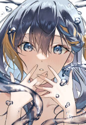  1girl air_bubble asymmetrical_bangs black_hair blonde_streaks blue_eyes braid braided_bangs bubble close-up commentary floating_hair hair_between_eyes highres hitsuji_(sheep_tamura) light_blush long_hair looking_at_viewer multicolored_hair nijisanji nijisanji_en official_alternate_hairstyle parted_lips petra_gurin simple_background solo spread_fingers straight-on streaked_hair two-tone_hair upper_body virtual_youtuber white_background 