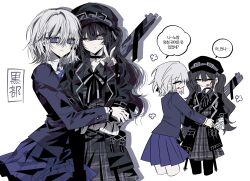  2girls ammunition_pouch arm_belt bandaged_arm bandaged_hand bandages black_bow black_choker black_coat black_dress black_hair black_hat black_pantyhose black_ribbon blue_eyes blue_ribbon blue_skirt blue_suit bow choker closed_mouth coat collared_dress collared_shirt commentary_request cowboy_shot dress gloves goggles goggles_on_headwear grey_eyes gun hair_between_eyes hair_ornament hat highres hug korean_commentary korean_text kurobe_honoka kurobe_nanoka long_hair long_sleeves looking_at_viewer mahou_shoujo_no_majo_saiban multiple_girls multiple_views mxcx1211 neck_ribbon one_eye_closed pantyhose plaid_clothes plaid_dress pleated_skirt pouch ribbon rifle shirt short_hair siblings simple_background sisters skirt smile speech_bubble suit translation_request twintails v watch weapon white_background white_hair white_shirt 