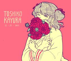  1girl 2025 absurdres birthday black_hair bouquet bow closed_eyes commentary covering_own_mouth double_bun english_commentary flower hair_bow hair_bun happy highres holding japanese_clothes kayura_toshiko kimono long_sleeves official_art pink_background project:_eden's_garden red_bow rose short_hair simple_background solo 