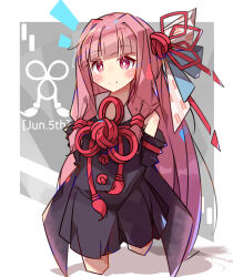  1girl bare_shoulders black_dress black_sleeves blunt_bangs blush border bright_pupils closed_mouth commentary_request cropped_legs detached_sleeves dress grey_background hair_ribbon highres kotonoha_akane long_hair long_sleeves looking_at_viewer notice_lines outside_border pink_eyes pink_hair red_ribbon ribbon sleeveless sleeveless_dress sleeves_past_fingers sleeves_past_wrists solo tetenka voiceroid white_border white_pupils 