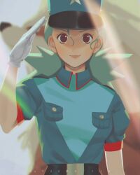  1girl aqua_hair artist_name brown_eyes commentary_request english_commentary gloves highres looking_at_viewer officer_jenny pokemon police police_uniform policewoman puffy_short_sleeves puffy_sleeves salute short_sleeves smile solo upper_body white_gloves yuumkiin 
