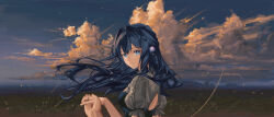  absurdres adapted_costume animal_ears arknights astesia_(arknights) astesia_(starseeker)_(arknights) backless_outfit bird_ears blue_eyes blue_hair clouds evening highres holding_hands horizon immeasurable jewelry long_hair outdoors pov ring windswept_hair 