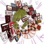  1girl cassette_tape commentary from_above green_eyes green_hair highres holding looking_at_viewer original pink_skirt plaid plaid_sweater shirt sidelocks sk76376502 skirt solo sweater symbol-only_commentary too_many white_shirt 