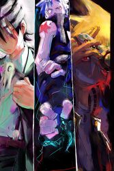  3boys absurdres arm_up belt black_belt black_hair black_jacket black_pants black_shirt black_star_(soul_eater) blue_eyes blue_hair collared_shirt commentary covered_mouth crew_neck death_the_kid english_commentary fingerless_gloves gloves grey_shirt grin hand_on_own_arm highres jacket looking_to_the_side male_focus multicolored_hair multiple_boys open_clothes open_jacket pants red_eyes shirt shirt_tucked_in shoulder_tattoo sideways_glance sleeveless sleeveless_shirt smile soul_eater soul_evans spiky_hair star_(symbol) striped_hair suit_jacket tattoo vicfaust white_hair white_shirt wing_collar 