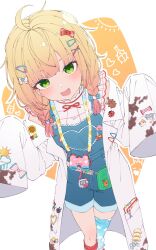  1girl ahoge binoculars blonde_hair blue_overalls blue_thighhighs blunt_bangs braid bug_cage coat commentary_request denim denim_overalls dirty dirty_clothes fang from_above gradient_hair green_eyes grid_print hair_ornament hairclip highres hololive lab_coat looking_at_viewer medium_hair momosuzu_nene momosuzu_nene_(7th_costume) multicolored_hair official_alternate_costume official_alternate_hairstyle open_clothes open_coat open_mouth orange_background overalls pink_hair ryuga_(balius) shirt single_thighhigh sleeves_past_fingers sleeves_past_wrists smile solo thigh-highs twin_braids two-tone_background virtual_youtuber white_background white_shirt 