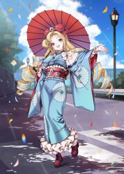  1girl blonde_hair blue_eyes blue_kimono blue_ribbon blue_sky brown_shoes clouds commentary crosswalk day densetsu.exe drill_hair english_commentary frilled_sleeves frills full_body guard_rail hair_ribbon highres holding holding_umbrella japanese_clothes kimono kink_(tortoiseshell) lamppost lens_flare light_rays long_hair long_sleeves looking_at_viewer official_alternate_costume official_art open_mouth outdoors ribbon road second-party_source shoes sky smile solo street sunbeam sunlight teeth twin_drills umbrella upper_teeth_only very_long_hair victoria_roman victoria_roman_(2nd_costume) virtual_youtuber wide_sleeves 
