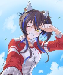 1girl absurdres animal_ear_piercing animal_ears blue_hair blue_sky blush brown_hair clouds commentary_request daitaku_helios_(umamusume) day eyelashes facial_mark fang grin hair_between_eyes hair_ornament hairclip highres horse_ears horse_girl jacket long_hair long_sleeves multicolored_hair multicolored_jacket one_eye_closed one_side_up partially_unzipped red_jacket shirt sky smile solo star_(symbol) star_facial_mark star_hair_ornament sweat teeth triangle triangle_facial_mark twitter_username two-tone_hair two-tone_jacket uma_motiyodor umamusume upper_body white_jacket white_shirt yellow_eyes zipper 