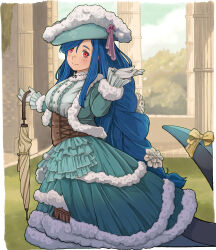  1girl absurdres blue_hair braid braided_ponytail breasts corset dizzy_(guilty_gear) dress flower formal_clothes frilled_dress frills from_side fur-trimmed_dress fur_trim gloves guilty_gear guilty_gear_strive hair_flower hair_ornament highres holding holding_umbrella large_breasts long_hair looking_at_viewer low-tied_long_hair queen queen_dizzy red_eyes ribbon royal_robe sidelocks solo sugajyun swept_bangs tail tail_ornament tail_ribbon umbrella white_gloves yellow_ribbon 
