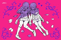  artist_name blanko! blunt_bangs closed_eyes closed_mouth collared_shirt commentary danganronpa_(series) danganronpa_2:_goodbye_despair danganronpa_3_(anime) dress eyelashes freckles full_body heart highres holding_hands kneehighs koizumi_mahiru limited_palette long_hair neck_ribbon necktie paper pinafore_dress pink_background ribbon sato_(danganronpa) shirt shoes short_hair short_sleeves sitting skirt sleeveless sleeveless_dress smile socks yuri 