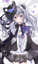  1girl absurdres acid_(maimai) bed bib_collar black_bow black_dress bow bowtie closed_mouth collar cowboy_shot dakimakura_(medium) dress frilled_collar frilled_dress frilled_sleeves frills gothic_lolita grey_hair hat highres holding holding_stuffed_toy kazekami_chino layered_dress lolita_fashion long_hair long_sleeves looking_at_viewer lying maimai_(game) mini_hat mini_top_hat neck_ribbon ribbon solo stuffed_animal stuffed_cat stuffed_toy top_hat twintails violet_eyes white_background wide_sleeves 