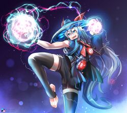  1girl :d absurdres animal_ears artist_name black_gloves black_shorts black_thighhighs blue_eyes blue_jacket commission commissioner_upload cosplay dota_(series) dota_2 fingerless_gloves gloves grey_hair hat highres horse_ears horse_girl horse_tail jacket lightning long_hair non-web_source shorts single_sleeve smile solo stirrup_legwear storm_spirit_(dota_2) storm_spirit_(dota_2)_(cosplay) straw_hat tail tamamo_cross_(umamusume) the_raineman thigh-highs toeless_legwear toes umamusume 