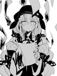  1girl beret bow closed_mouth collared_shirt contrast_collar falling_paper hair_bow hat highres holding holding_paper jacket jacket_partially_removed jogasaki_noah long_hair long_sleeves mahou_shoujo_no_majo_saiban multi-tied_hair multicolored_hair neck_ribbon off_shoulder paper polka_dot polka_dot_bow ribbon sabi_kkr shirt solo spoilers straight-on streaked_hair turn_pale upper_body white_background 