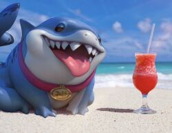  beach blue_sky character_name collar commentary creature cup day drinking_straw english_commentary fins fish_tail glass jeff_the_land_shark marvel marvel_rivals no_humans ocean open_mouth outdoors sand shadow shark shark_fin shark_tail sharp_teeth sky solo stanley_lau tail teeth tongue tongue_out 