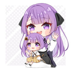  2girls black_ribbon black_shoes braid chibi commentary detached_sleeves flower fpsmoe hair_flower hair_ornament hair_ribbon hand_on_another's_shoulder highres indie_virtual_youtuber long_hair looking_at_viewer mother_and_child mother_and_daughter multiple_girls musical_note open_mouth otsuka_ray parent_and_child purple_hair reika_(otsuka_ray) ribbon shoes short_hair single_braid smile sunflower sunflower_hair_ornament violet_eyes virtual_youtuber 