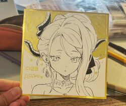 1girl 1other :o ariko_(aaaaarik) artist_name bare_shoulders blue_archive collarbone comiket_108 commentary dangle_earrings earrings high_ponytail highres hina_(blue_archive) hina_(dress)_(blue_archive) holding horns jewelry long_hair looking_at_viewer monochrome multiple_horns necklace official_alternate_costume official_alternate_hairstyle pearl_necklace pencil pendant photo_(medium) ponytail portrait shikishi single_sidelock sparkle traditional_media 