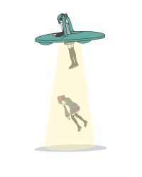  2girls abduction absurdly_long_hair aqua_hair bare_shoulders black_skirt black_sleeves black_thighhighs blue_shirt blue_skirt blue_sleeves commentary crysepia detached_sleeves drill_hair floating flying_saucer from_behind grey_shirt hair_ornament hatsune_miku headphones highres kasane_teto kasane_teto_(utau) long_hair midair miniskirt multiple_girls pleated_skirt red_hair shirt simple_background skirt sleeveless sleeveless_shirt spacecraft spotlight thigh-highs tractor_beam twin_drills twintails ufo utau very_long_hair vocaloid white_background zettai_ryouiki 