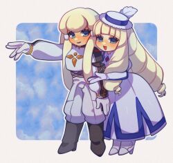  2girls absurdres blonde_hair blue_eyes blue_lips blush commentary_request dianna_soreil dress drill_hair gundam hat high_heels highres kihel_heim long_skirt looking_at_viewer multiple_girls open_mouth outstretched_arm pari_pari_kyabetu220 simple_background skirt turn_a_gundam white_dress white_hat 