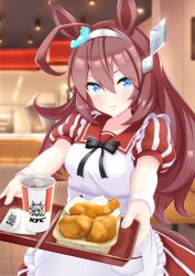 1girl ahoge alternate_costume animal_ears apron black_bow blue_eyes blush bow breasts brown_hair chicken_(food) closed_mouth commentary_request cup disposable_cup donald_1934 dress employee_uniform fast_food fast_food_uniform food fried_chicken grey_hairband hair_between_eyes hairband highres holding holding_tray horse_ears horse_girl horse_tail kfc long_hair looking_at_viewer medium_breasts mihono_bourbon_(umamusume) outstretched_arms puffy_short_sleeves puffy_sleeves red_dress short_sleeves silver_hairband smile soda solo striped_clothes striped_dress tail tray umamusume vertical-striped_clothes vertical-striped_dress white_apron white_wrist_cuffs wrist_cuffs 