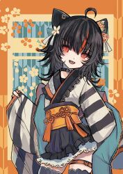  1girl :d ahoge alternate_costume animal_ears black_hair black_thighhighs cat_ears cowboy_shot dress fake_animal_ears frilled_dress frills furisode japanese_clothes kimono layered_dress looking_at_viewer mahou_shoujo_no_majo_saiban multicolored_hair musica_musica nail_polish obi open_mouth orange_background orange_eyes orange_nails orange_streaks sash sawatari_coco sharp_teeth shirt short_hair slit_pupils smile solo streaked_hair striped_clothes striped_shirt teeth thigh-highs thigh_strap wide_sleeves zettai_ryouiki 