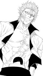  1boy abs absurdres arrancar bleach broken_mask collarbone cropped_jacket evil_smile from_below greyscale grimmjow_jaegerjaquez highres hole_in_stomach hole_on_body hollow_mask jacket looking_at_viewer male_focus mask monochrome nipples open_clothes open_jacket pectorals short_hair simple_background smile solo teeth toned toned_male white_background zanki 