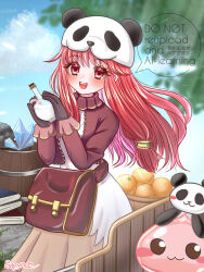  1girl :3 absurdres bag barrel black_gloves blue_sky blush book brown_bag brown_jacket brown_skirt commentary_request cowboy_shot crystal flask food fruit gloves highres holding holding_flask jacket long_hair long_sleeves looking_at_viewer merchant_(ragnarok_online) open_clothes open_jacket open_mouth orange_(fruit) outdoors panda_hat pink_eyes pink_hair poring potion pullcart ragnarok_online shirt skirt sky slime_(creature) smile solo touwa_saya tree watermark white_shirt 