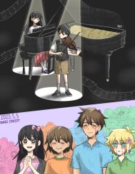  absurdres aubrey_(omori) baby_grand basil_(omori) black_hair duet flower germany_omori hero_(omori) highres instrument kel_(omori) mari_(faraway)_(omori) mari_(omori) musical_note omori piano playing_instrument smile spotlight sunny_(omori) tears violin 