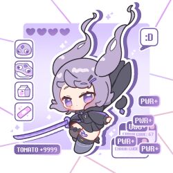  1girl absurdres bandaid black_hoodie black_skirt blush border chibi chibi_only closed_mouth commentary decrilus drink_carton drop_shadow emoticon floating_hair full_body gameplay_mechanics grey_hair grey_socks hair_floating_upwards hair_ornament hairclip highres holding holding_sword holding_weapon hololive hololive_english hood hood_down hoodie koseki_bijou long_hair long_sleeves looking_at_viewer milk_carton outline outside_border parallel_hairclips pebble_(koseki_bijou) pleated_skirt purple_background skirt sleep_mask socks solo standing sword untranslatable_commentary violet_eyes virtual_youtuber weapon white_border white_outline 