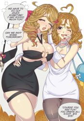  2girls ariel_(deargardenia) bag black_dress blue_nails bow breasts brown_pantyhose closed_eyes commentary deargardenia dress drill_hair drill_sidelocks drunk english_commentary english_text grey_eyes hair_bow halter_dress halterneck hand_on_another's_cheek hand_on_another's_face hand_on_another's_waist hand_up handbag heart heartsync highres holding holding_bag indie_virtual_youtuber jewelry large_breasts light_blush medium_breasts mole mole_on_breast mole_on_cheek mole_on_thigh mole_under_mouth multicolored_hair multiple_girls necklace one_eye_closed open_mouth pantyhose pearl_necklace pink_bow pink_nails pink_streaks pointy_ears sidelocks siena_olena speech_bubble streaked_hair virtual_youtuber white_background white_bow white_dress 