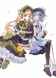  2girls :d ;d amemona55 asymmetrical_footwear asymmetrical_legwear bird_hat_ornament black_bow black_bowtie black_capelet black_flower black_hat black_pantyhose black_rose black_shoes blonde_hair blue_hair blue_necktie blue_skirt bonnet bow bow_flower bowtie braid braided_hair_rings capelet collared_shirt deerstalker dress flower flower-trimmed_dress flower-trimmed_skirt footwear_bow frilled_capelet frilled_dress frilled_skirt frilled_sleeves frilled_socks frills green_bonnet green_eyes green_shoes grey_vest hair_bow hair_flower hair_ornament hair_rings hat hat_bow highres layered_dress layered_skirt lolita_fashion long_hair long_sleeves mahou_shoujo_no_majo_saiban mismatched_footwear multiple_girls necktie one_eye_closed open_mouth pantyhose plaid_clothes plaid_skirt rose shirt shoes short_hair simple_background single_leg_pantyhose skirt smile socks tachibana_sherry tono_hanna twintails two-tone_dress vest white_background white_bow white_flower white_rose white_shirt white_socks wide_sleeves winged_hat yellow_eyes yellow_flower yellow_rose yuri 